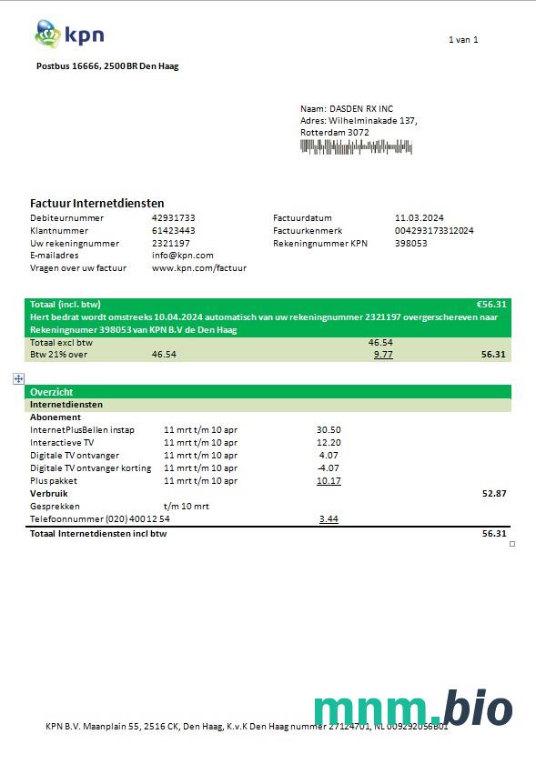 Holandia KPN rachunek za usługi komunalne szablon w formacie Word i PDF